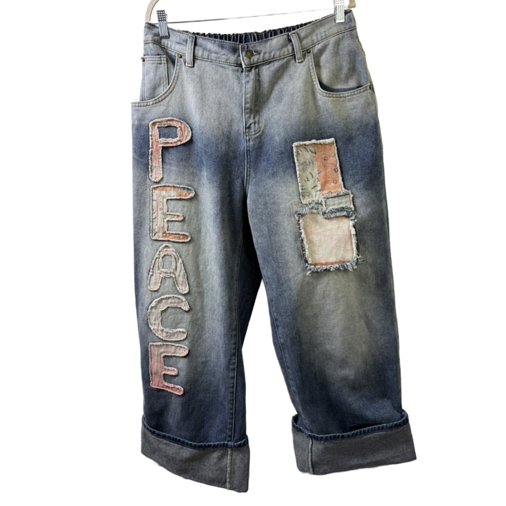 High Rise Blue Jeans with Peace Patch - Picture 2 of 9
